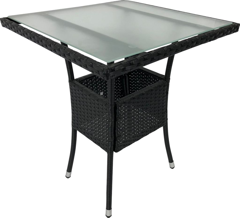 Tisch Stahl, Sicherheitsglas und Polyrattan Schwarz