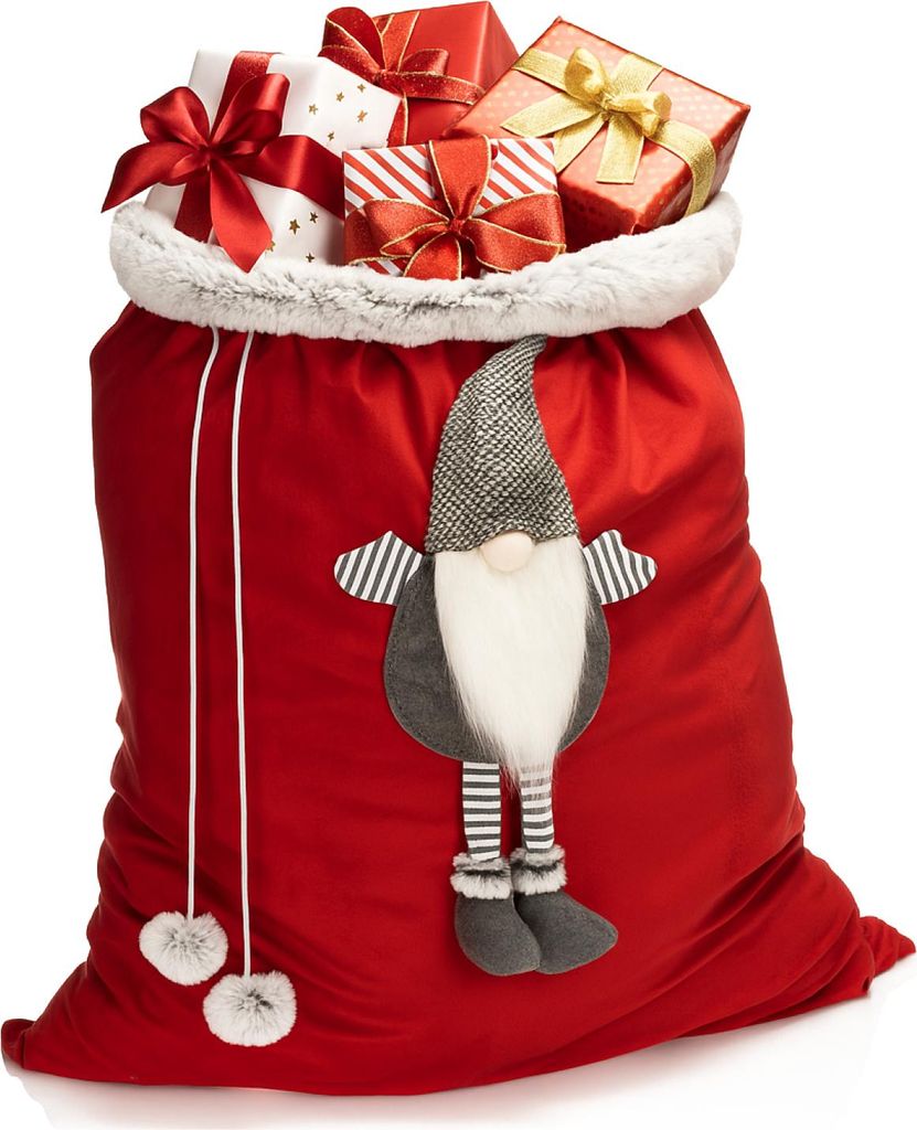 COM-FOUR Premium XL Weihnachtssack - roter Geschenkesack zum Befüllen - Weihnachtsbeutel mit Bommeln & Wichtel als Dekoration und tolle Geschenk...