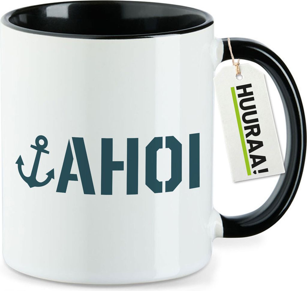 Huuraa Kaffeetasse Ahoi Anker Seemannsgruß 330ml Schwarz Keramik Kaffeebecher Geschenkidee