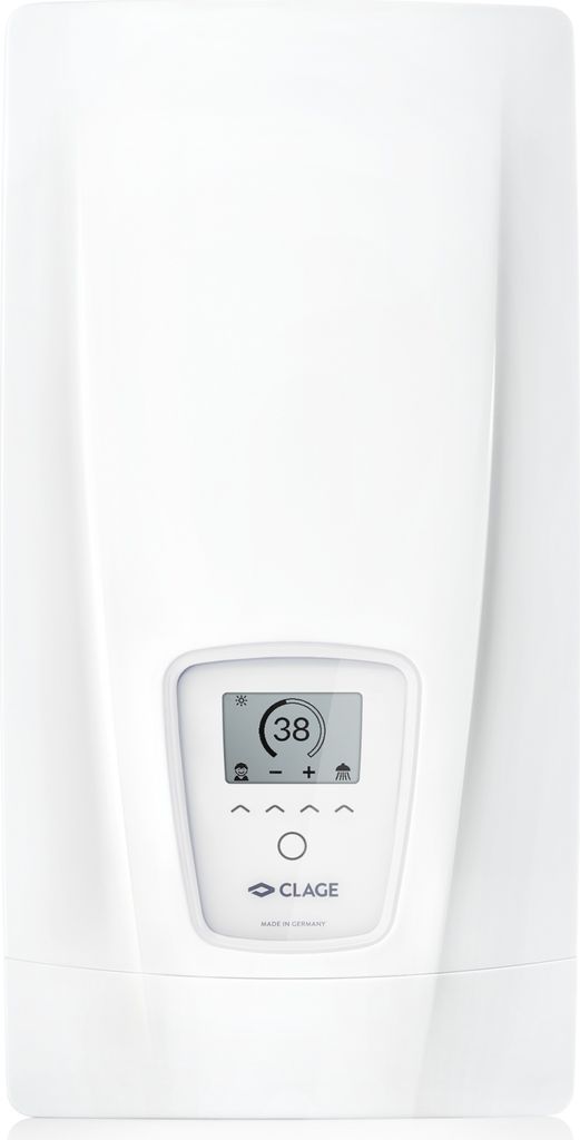 A white electric water heater with a digital display and control panel.