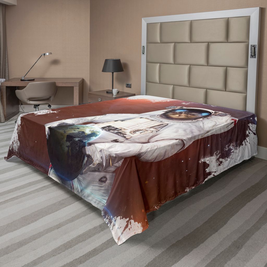 ABAKUHAUS Weltraum Bettlaken, Netter Kitty-Kosmonaut auf Erdwelt vor Farbspritzen-surrealem Entwurf, weiches bequemes oberes Bettlaken für ein dek...