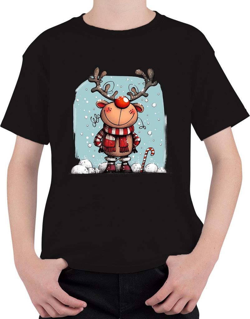 Rudolf Rentier Rotnase Weihnachten Lustig Schal Zuckerstange Uni Kinder T-Shirt, Schwarz, 140