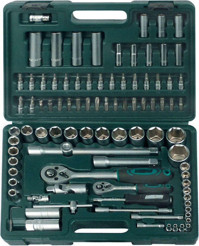 A tool kit laid out in its case.