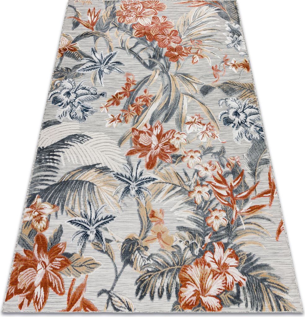 Teppich Strukturell BOTANIC 65262 Blumen, flach gewebt für Balkon, Terrasse - grau Mehrfarben 137x190 cm