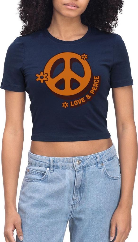 Spreadshirt Love And Peace Retro Hippie Style Design Y2K Crop Top, XS, Light Navy