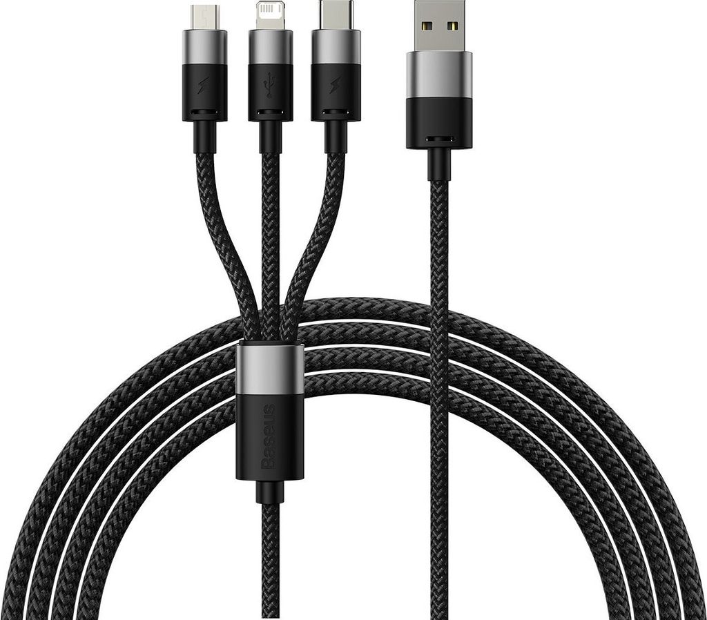 A black 3-in-1 USB charging cable with USB-C, Lightning, and Micro USB connectors is displayed against a white background.