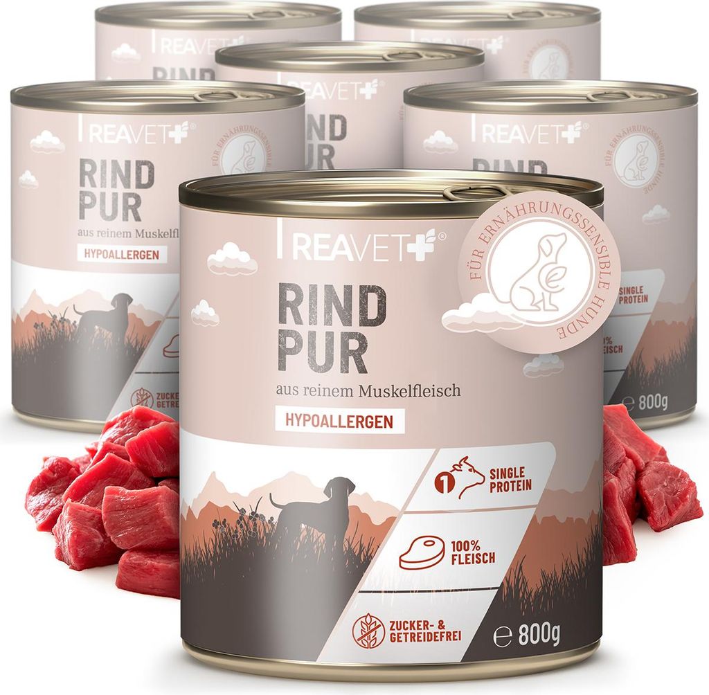 REAVET Premium Hunde Nassfutter - Rind Pur 6 x 800g I Reines Muskelfleisch, Hypoallergen, ohne Getreide & Zusätze, Hundenassfutter sensitiv für A...