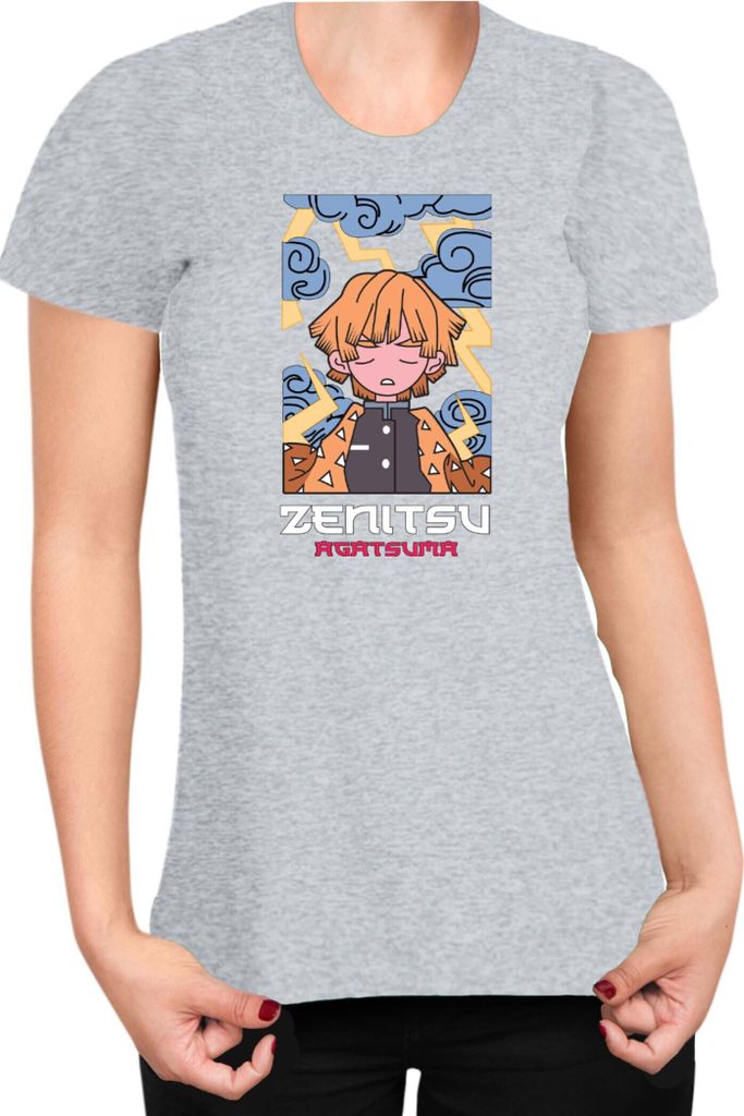 Damen T-Shirt Japan Anime Manga Demon Anime Slayer Zenitsu Agatsuma 03, Lady S / Grau