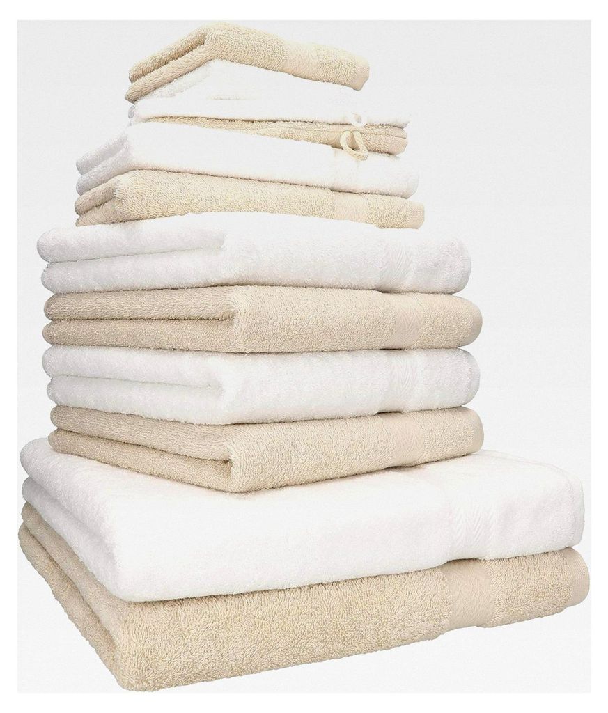 Handtuch-Set 12-teilig – 100% Baumwolle – – hohe Grammatur – Duschtücher, Handtücher, Gästetücher & Waschhandschuhe in Weiß/Sand