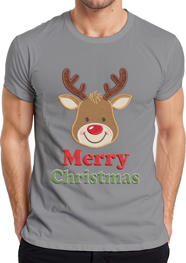 Merry Christmas Rentier Weihnachten Stickerei Bestickt Kinder Herren T-Shirt, Grau, XXL
