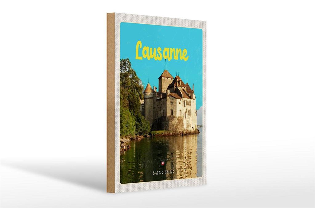 Holzschild Reise 20x30cm Lausanne Schloss See Schweiz