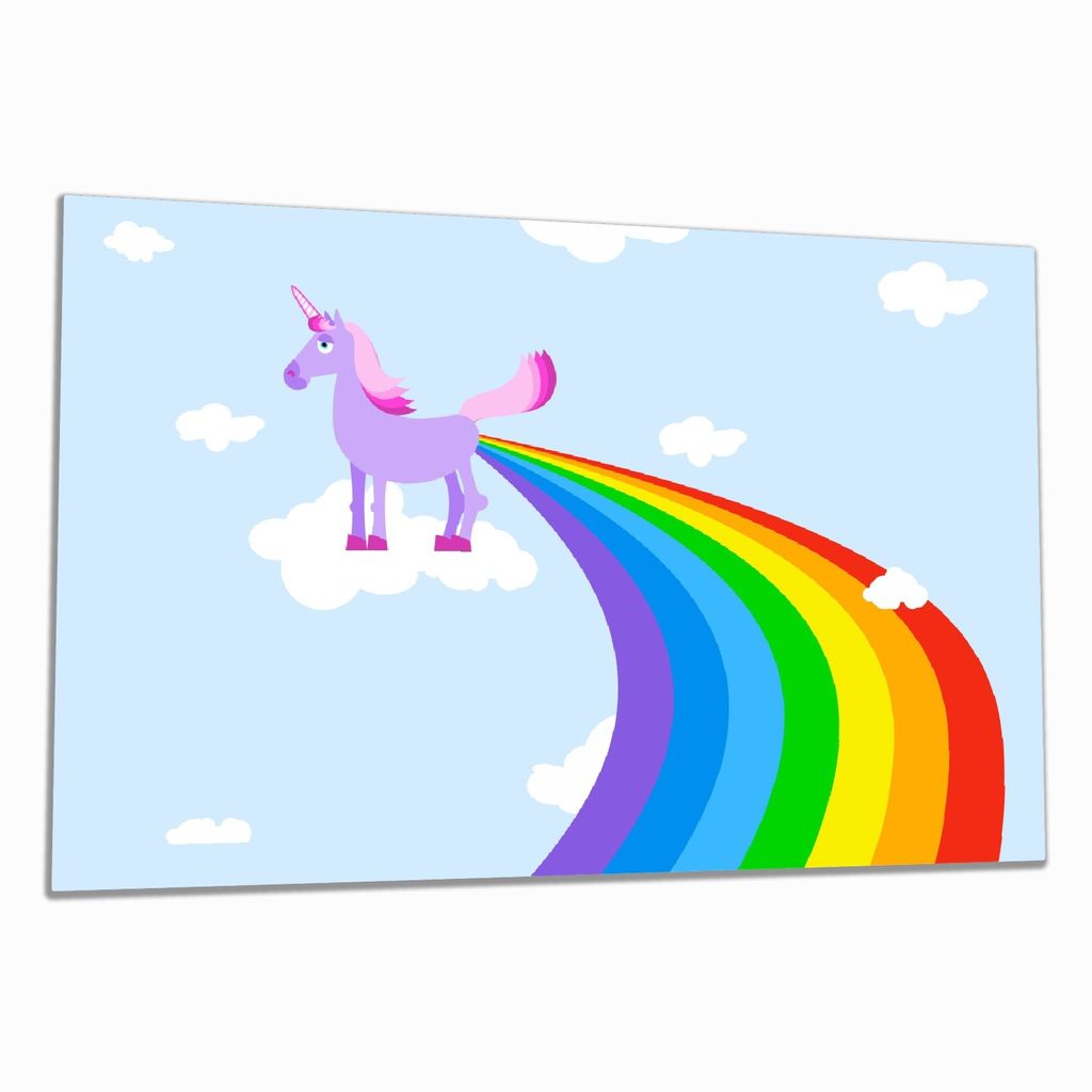Wallario Herdabdeckplatte aus Glas, Größe 80 x 52 cm 1-teilig, Motiv Einhorn mit Regenbogen aus dem Hintern