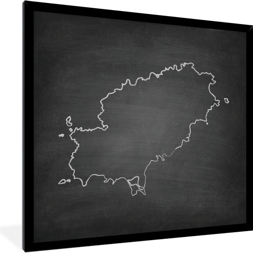 MuchoWow Gerahmtes Poster Eine Illustration der Karte von Ibiza auf einer schwarzen Kreidetafel 40x40 cm - Poster mit Schwarzem Bilderrahmen Wand...