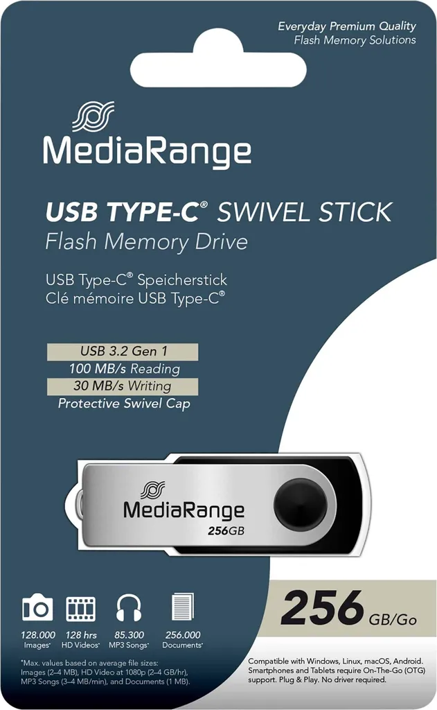 Clé USB 3.2 Gen1 256GB MediaRange USB-C pour Sauvegarde Photos et Vidéo