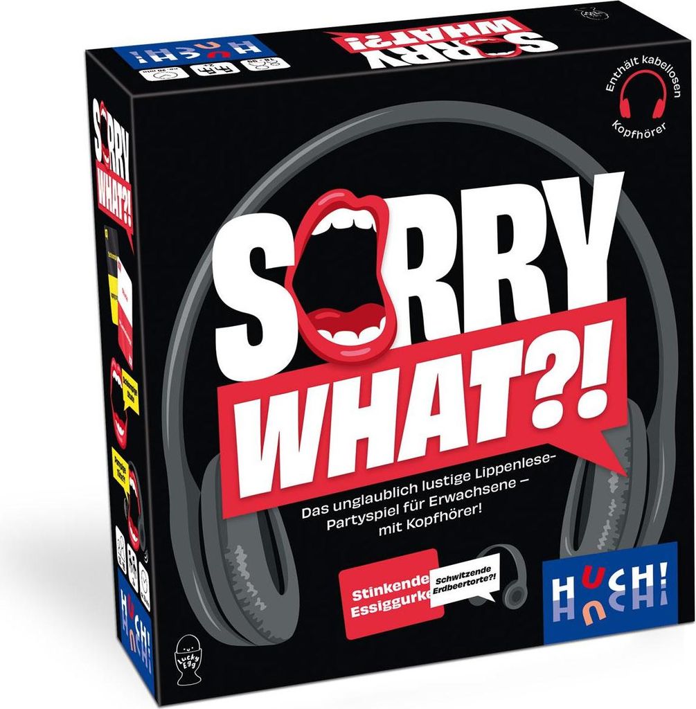 HUCH!, Sorry What?! Spiel Deutsch, Partyspiel ab 18, Verrücktes Lippenlesen mit Kopfhörer und witzigen Phrasen, Ab 2 Spielern ab 18 Jahren