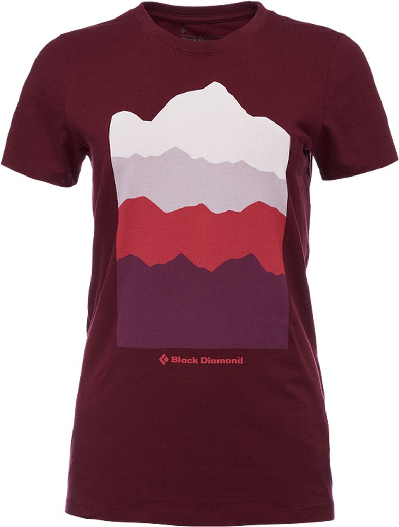 Bordeauxfarbenes T-Shirt "W Ss Vista Tee" von Black Diamond mit Bergmotiv in verschiedenen Farbtönen.