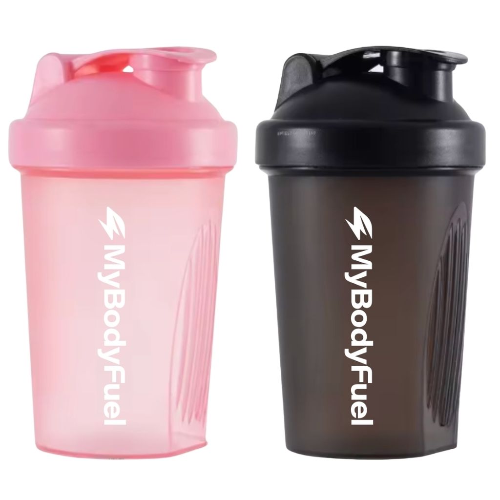 MyBodyFuel Shake Becher (2er Set) – Protein Shaker mit Mixfilter, 400 ml, BPA-frei – Für Smoothies & Proteinshakes (Rosa/Schwarz)