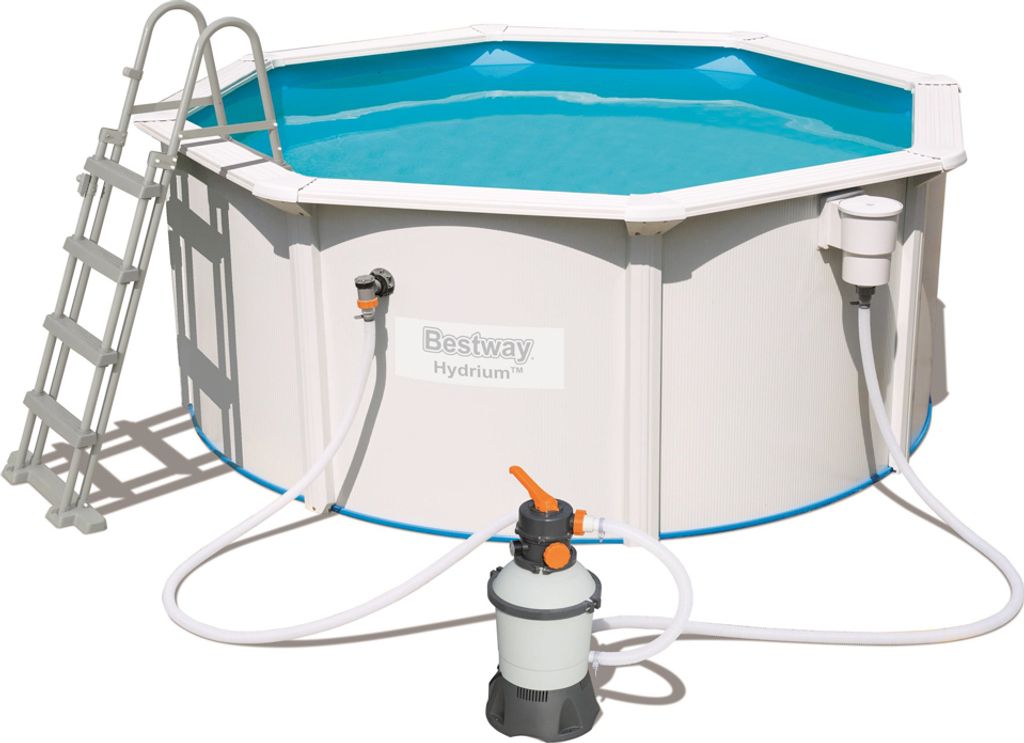 An above-ground swimming pool with a ladder and filtration system.