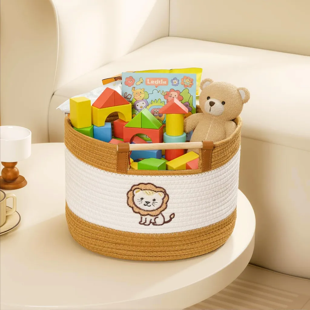 Panier coton tressé blanc avec poignées bois massif pour peluches XL