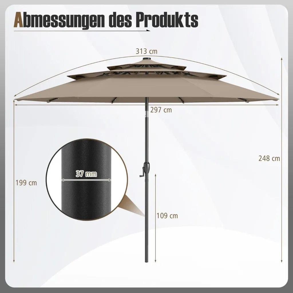 Parasol inclinable 3 niveaux marron avec éclairage LED solaire intégré