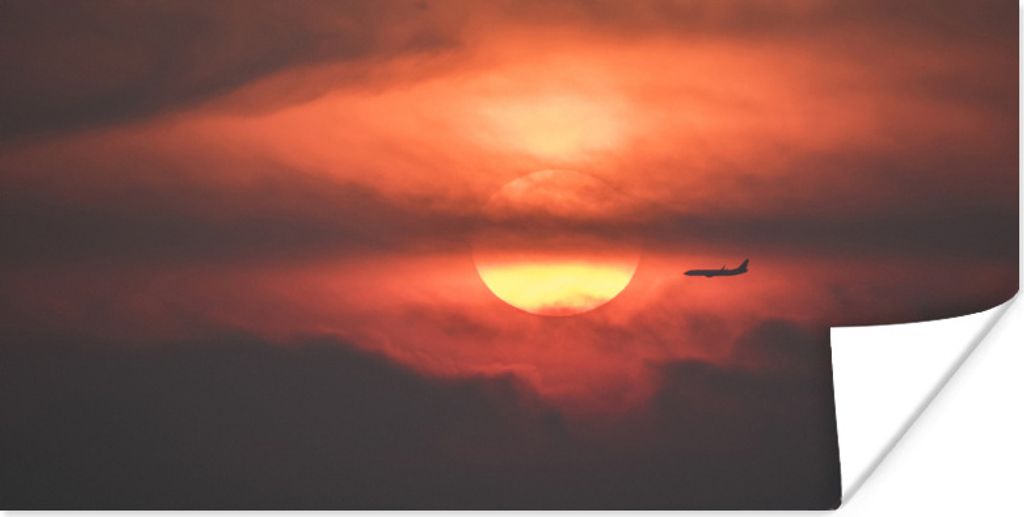 MuchoWow Poster Sonnenuntergang mit Silhouette eines Flugzeugs 40x20 cm - Poster für die Wand - Poster Schlafzimmer