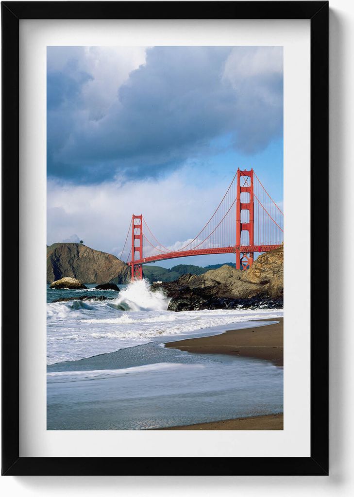 Meereswellen, Ufer und rote Brücke– Wandbild mit Rahmen – Gerahmtes Bild – Wanddekoration – 40x60 cm – Schwarz