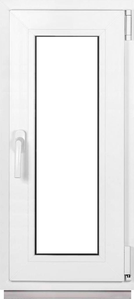 A white PVC casement window with a handle and hinges, shown against a white background.