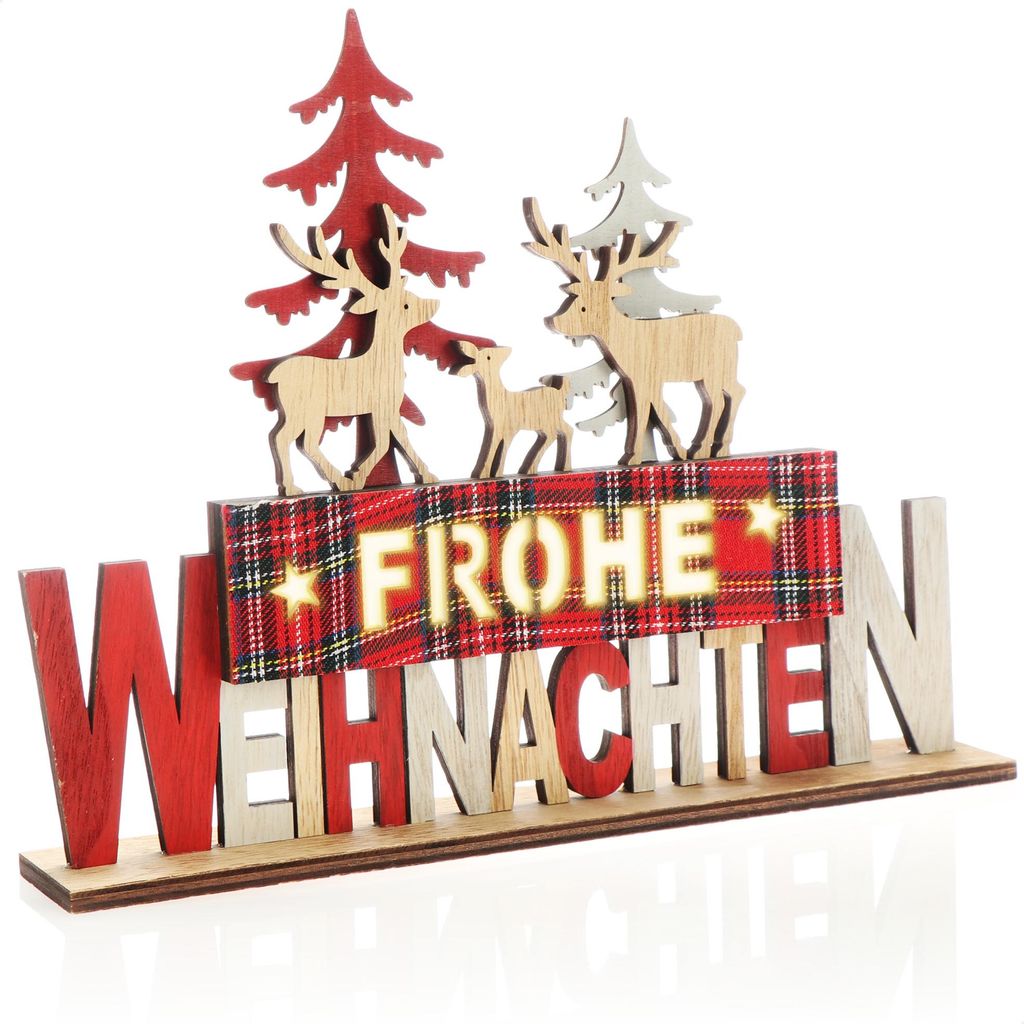 com-four LED Deko Aufsteller aus Holz - beleuchteter Schriftzug auf Holzsockel - Deko-Schriftzug zum Hinstellen für Weihnachten - Stimmungslicht...