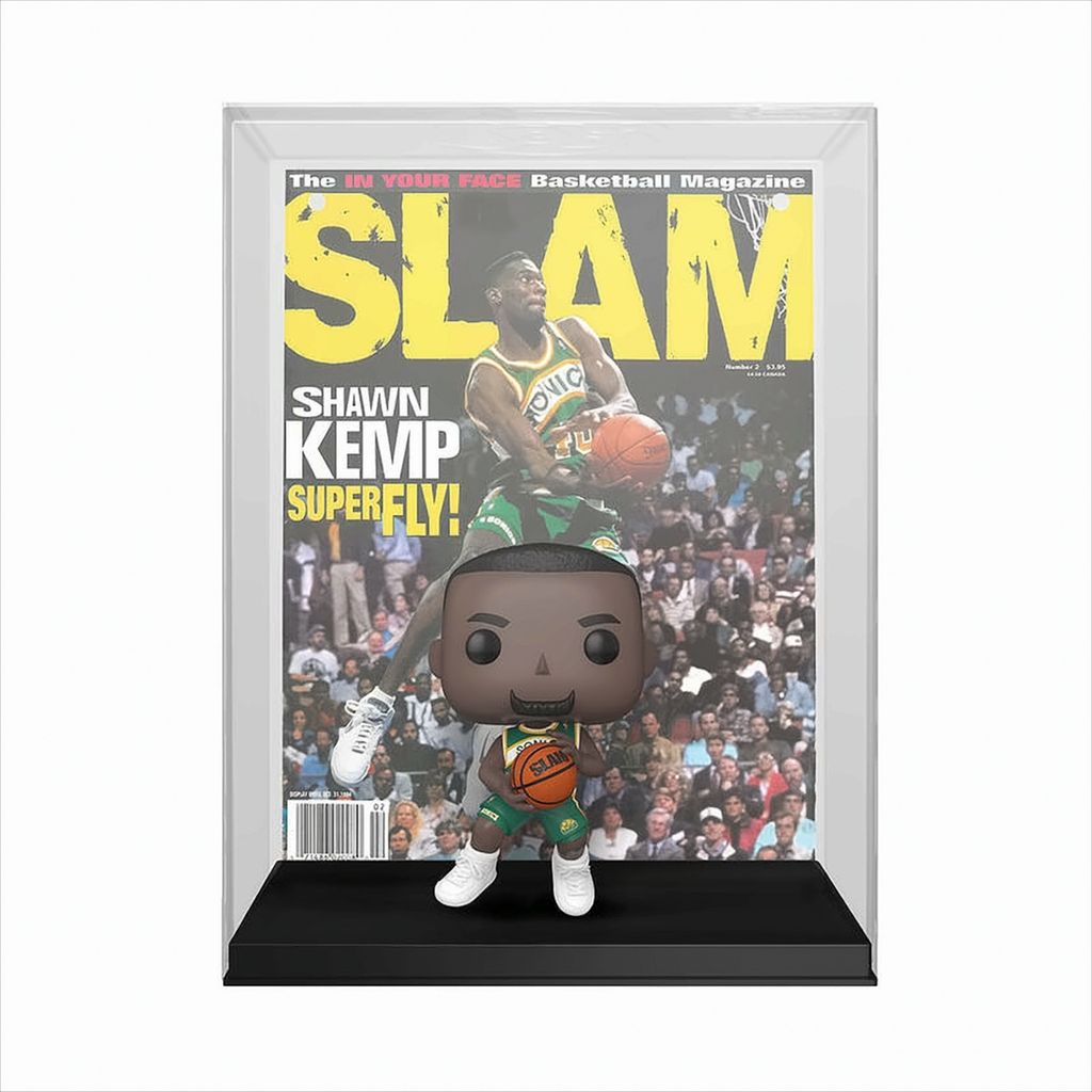 A Funko Pop! figure of Shawn Kemp in a display case, with a Slam magazine cover featuring him in the background.