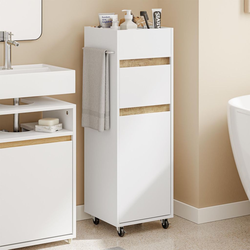 SoBuy Badschrank BZR225-WN mit Schublade und Handtuchhalter im modernen Badezimmer
