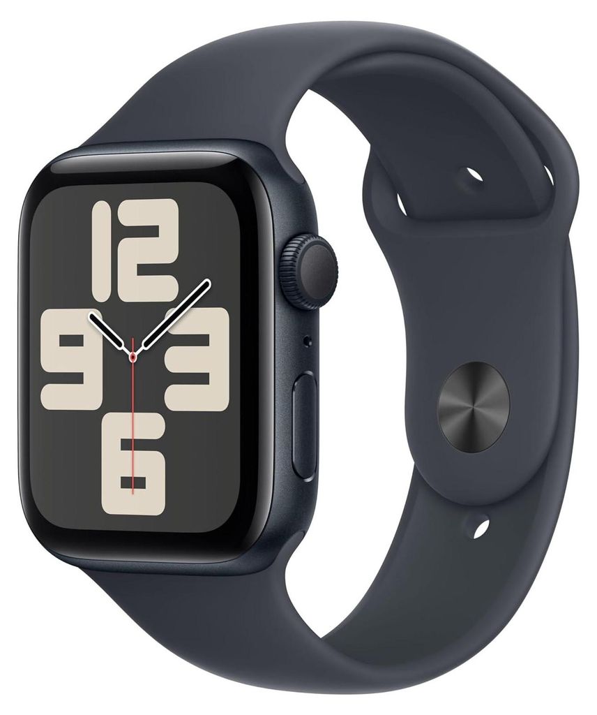 A close-up studio shot of an Apple Watch with a dark blue band and a dark gray watch case. The watch face displays a minimalist clock face with large numbers.