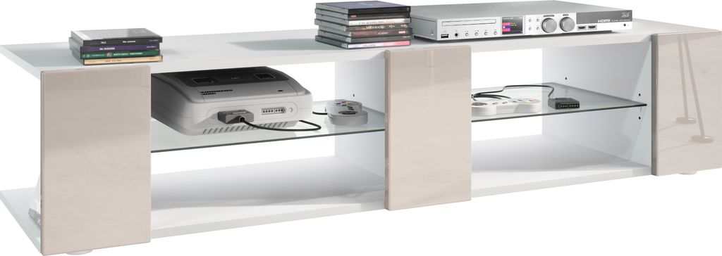 Vladon Lowboard Movie V2, TV-Kommode mit 6 offenen Fächern und Zierleisten, Weiß matt/Sandgrau Hochglanz (134 x 29 x 39 cm)