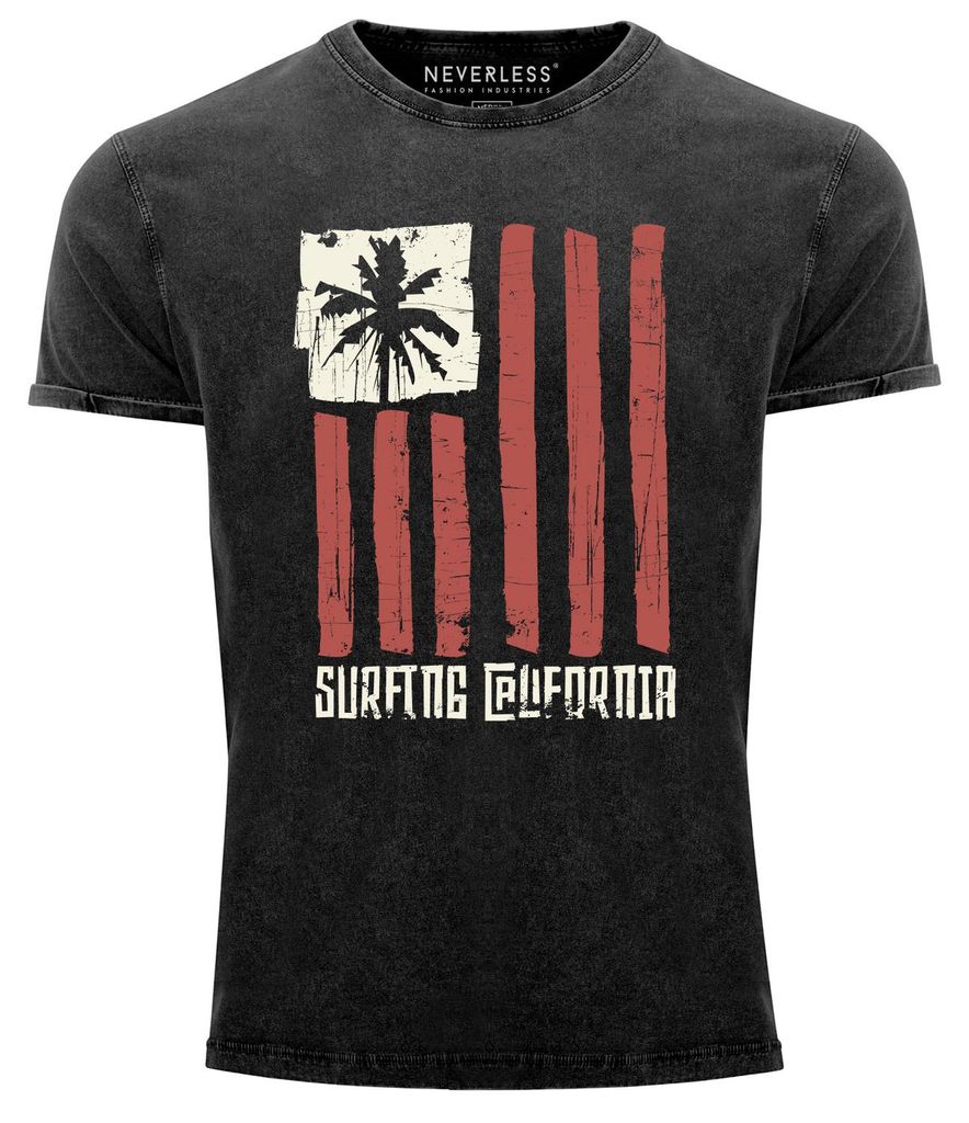 Herren Vintage Shirt USA Surfing California Flagge Surf Design Retro Printshirt Aufdruck Used Look Neverless schwarz XXL