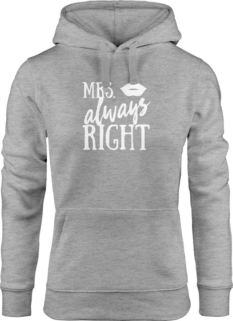 Hoodie Damen Mrs Always Right Hochzeit Geschenk Kapuzen-Pullover Moonworks grau L