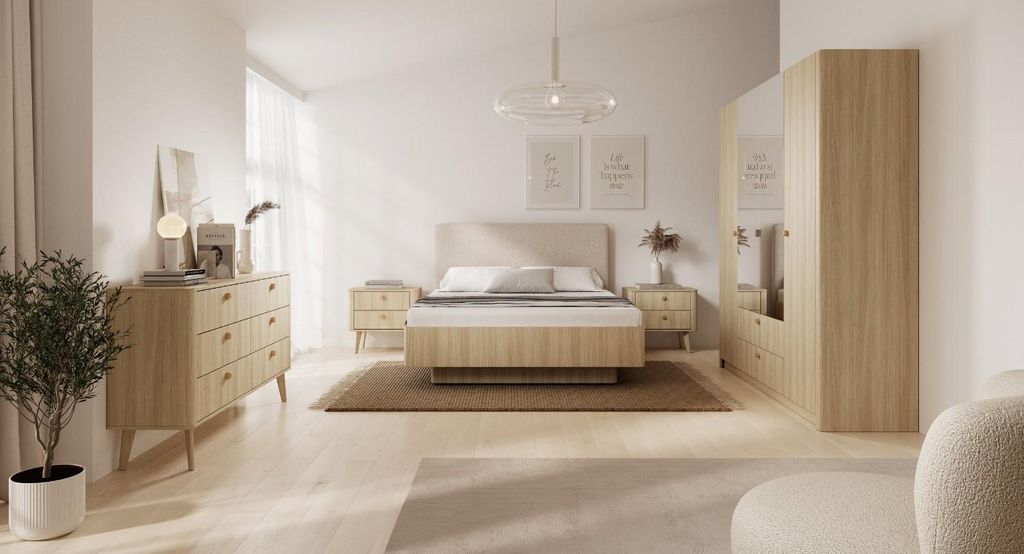 DESIGN MÖBEL VIKI Schlafzimmer-Set Eiche Barista | Bett mit Polsterkopfteil, Kleiderschrank mit Spiegel, Kommode & Nachttische | modernes Komplettset