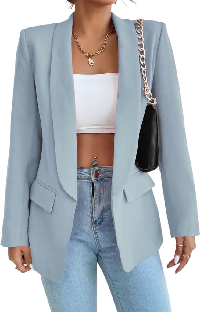 ASKSA Damen Blazer Revers Einfarbig Casual Cardigan Langarm Elegant Business Anzuege Jacke mit Tasche, Himmelblau, L