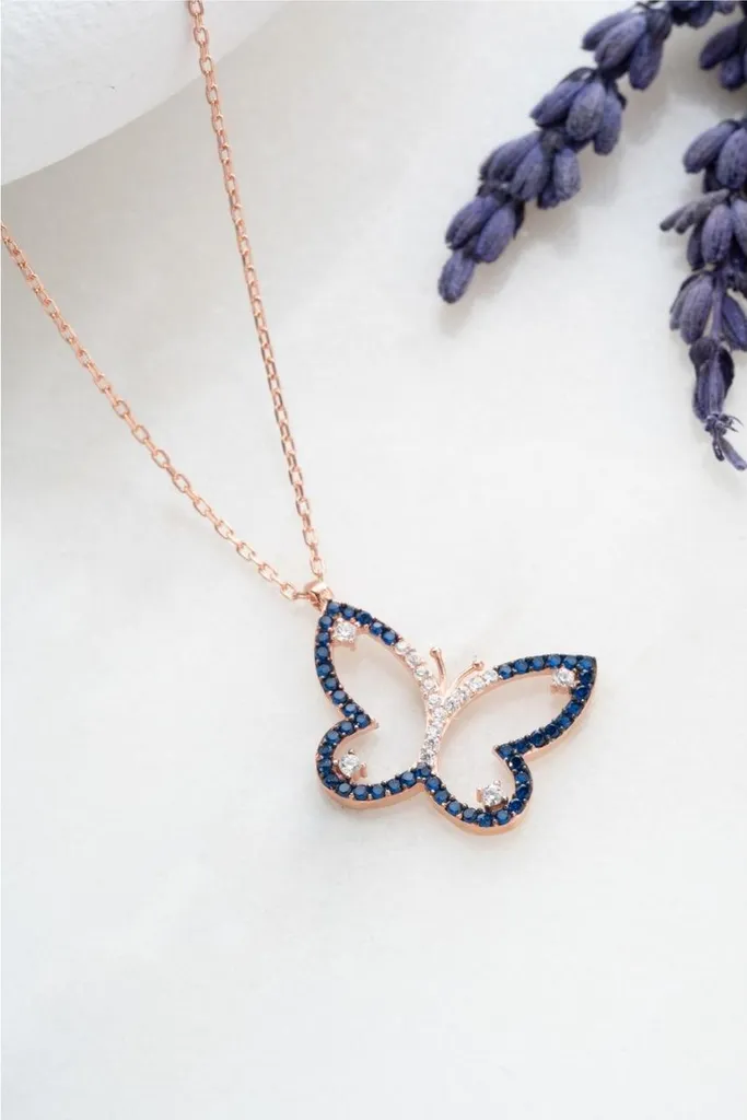 Collier papillon argent et pierres zircone bleues - Maille ajustable