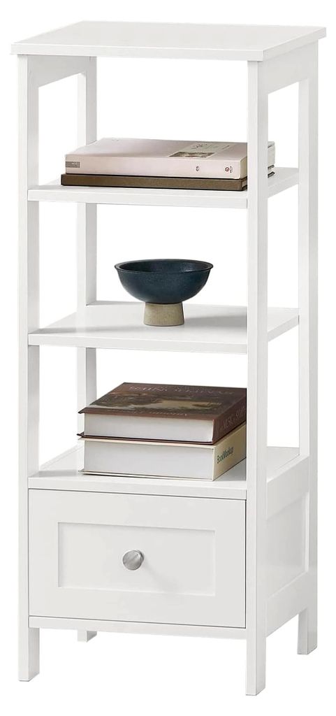 Freistehender Badezimmerschrank mit 3 Regalen und Schublade, 30x28x74 cm, Schmaler Badschrank in Weiß, MDF