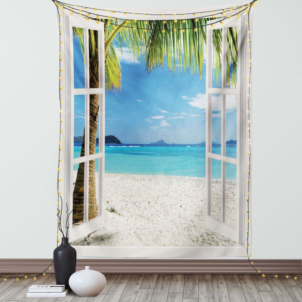 ABAKUHAUS Türkis Wandteppich, Exotische Palmen auf Insel Ozean Strand durch Weiße Hölzerne Fenster Muster, Wohnzimmer Schlafzimmer Seidiger Sati...