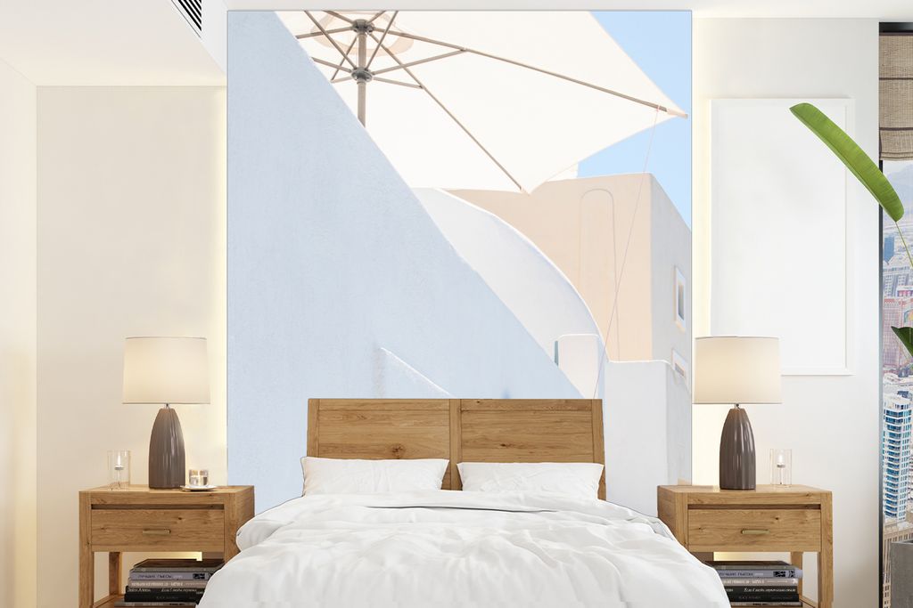 MuchoWow Fototapete für Wohnzimmer oder Schlafzimmer Wandtapete Vinyl Motivtapete Architektur - Sonnenschirm - Tür - Weiß - Blau - 175x240 cm ...