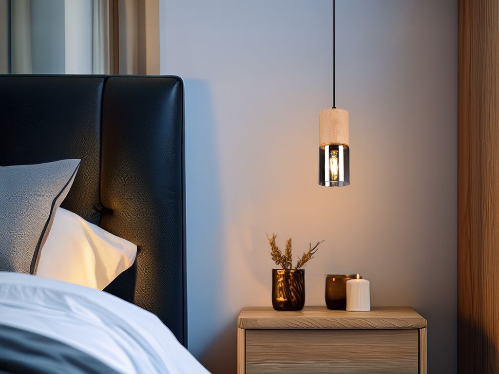 Kleine moderne Pendelleuchte 1-flammig mit Holz & Rauchglas Produktbild 
