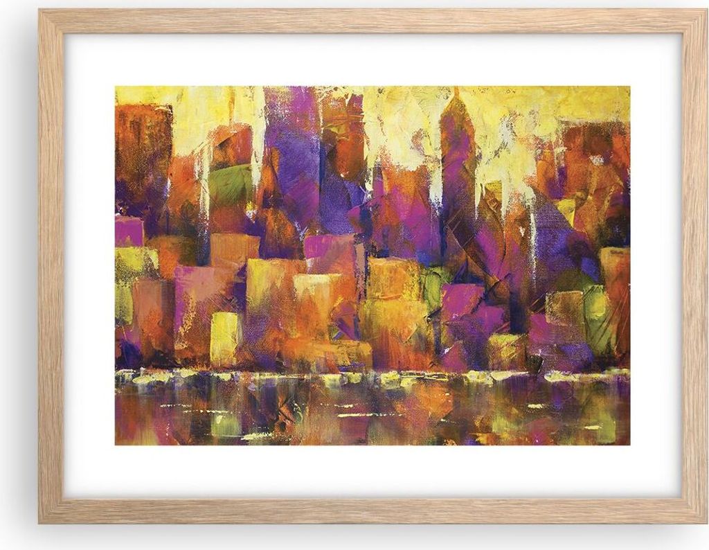 Gerahmtes Poster - Rahmen in heller Eiche - Abstraktion Stadt Wolkenkratzer - 40x30 cm - Wand Bild - Wanddeko - Wandbilder - Wandposter - Bilderrah...