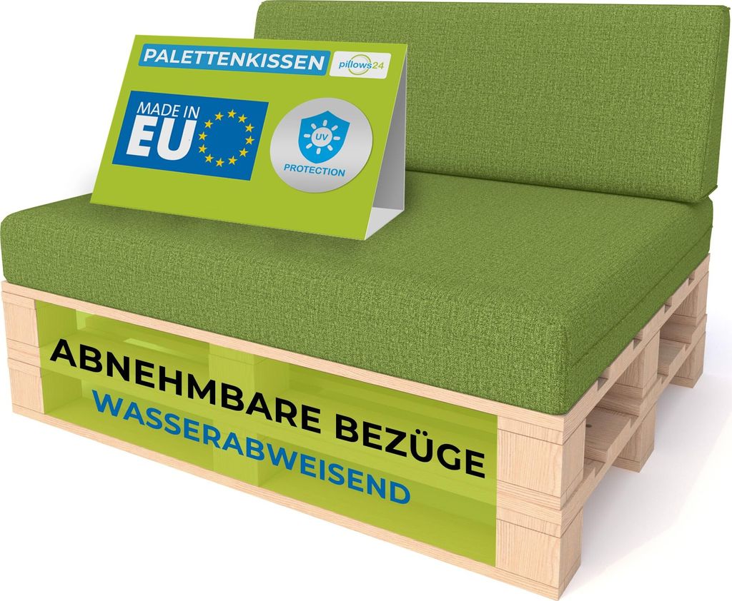 Pillows24 - Palettenkissen mit abnehmbarem Bezug - 2ER SET | Polster für Europaletten 120x80 Sofa - Wasserfest - Outdoor/Indoor | Lemon