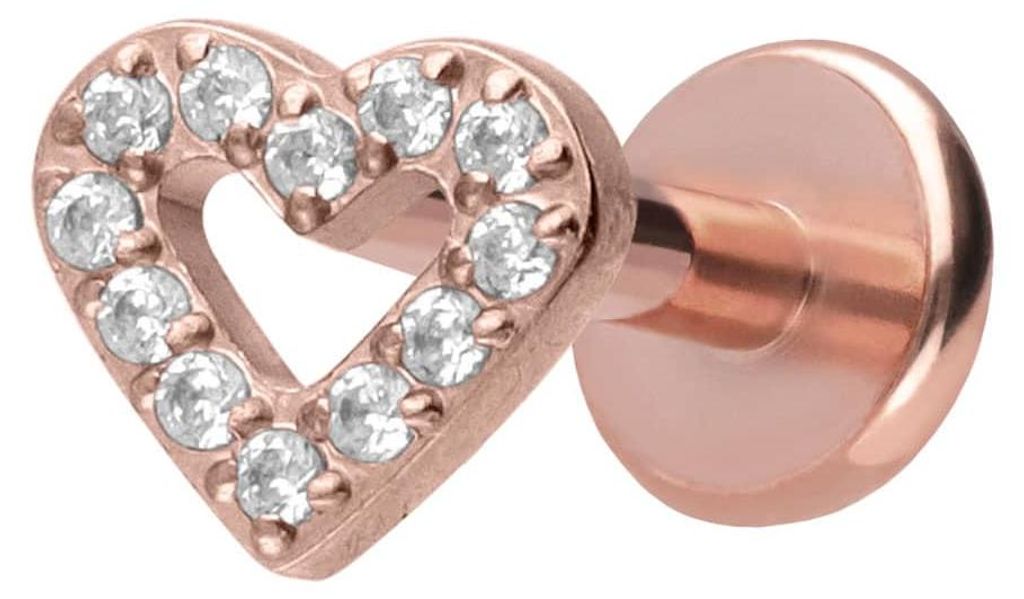 Ohrpiercing, Nasenpiercing Titan Labret mit Push Fit KRISTALLHERZ RoséGold Stablänge: 7mm | Stabstärke: 1,2mm