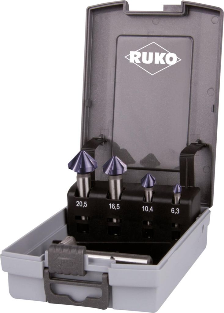 RUKO Kegel- und Entgratsenker-Satz DIN 335 Form C 90° HSS-TiAlN in Kunststoffkassette - 5 tlg. - 102154FRO