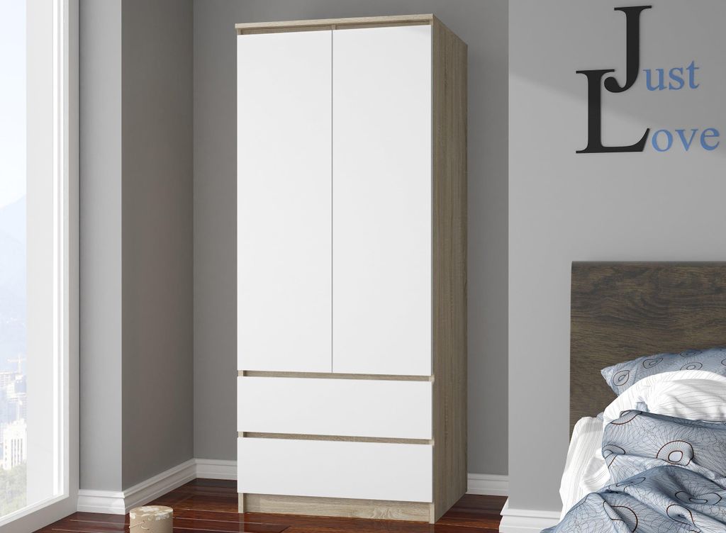 Kleiderschrank – Schlafzimmerschrank mit Kleiderstange – Sonoma Eiche / Weiß – 90 cm – Eleganter Drehtürenschrank mit 2 Türen und 2 Schu...