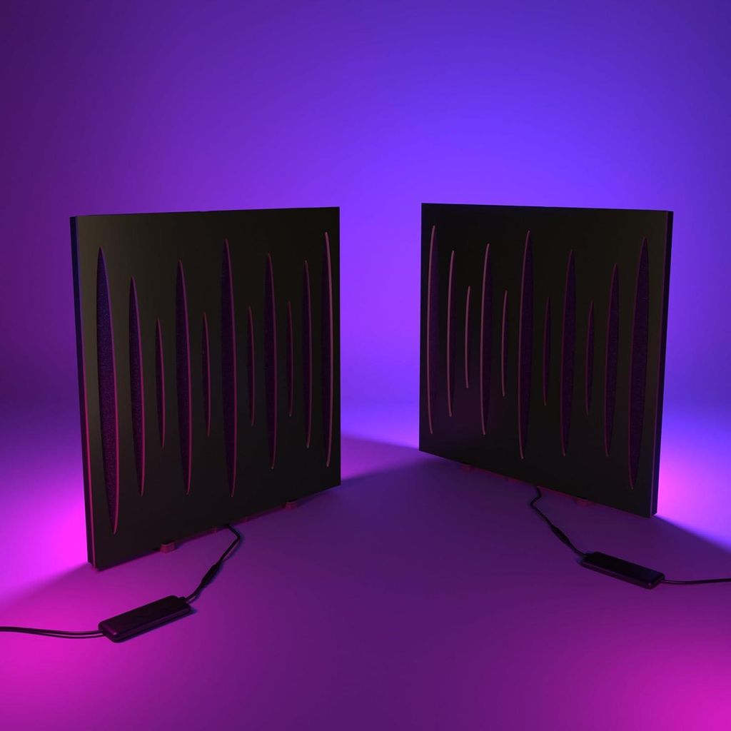 2er Pack Akustikpaneele "PULSAR" mit RGB-Schreibtischlampe | Mobiler Ständer mit LED-Tischfuß |Für Podcast-Studios|50×50cm|Schwarz