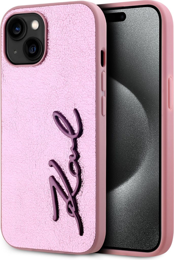 Karl Lagerfeld zerknittert Metall Signatur Fall für Iphone 15 Różowy