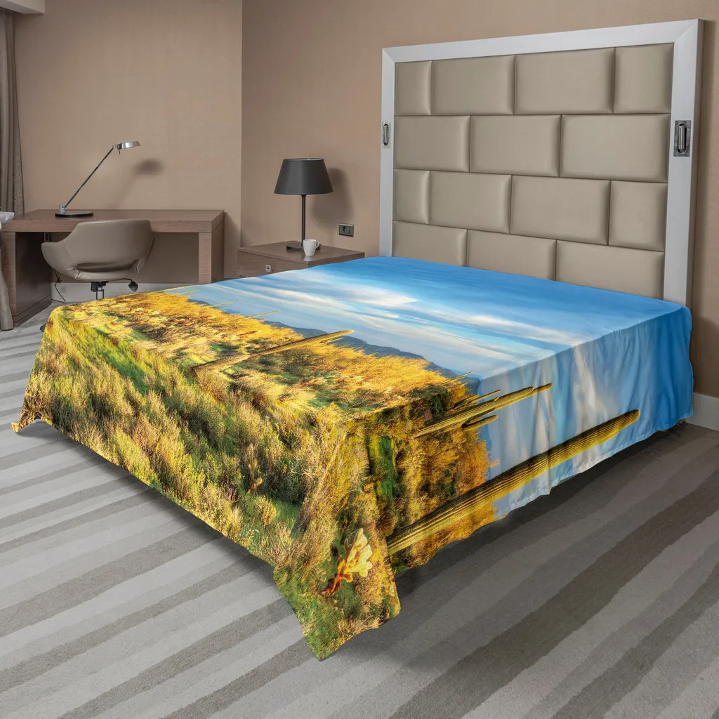 Drap plat décoratif imprimé cactus pour grand lit double 275x260 cm vert