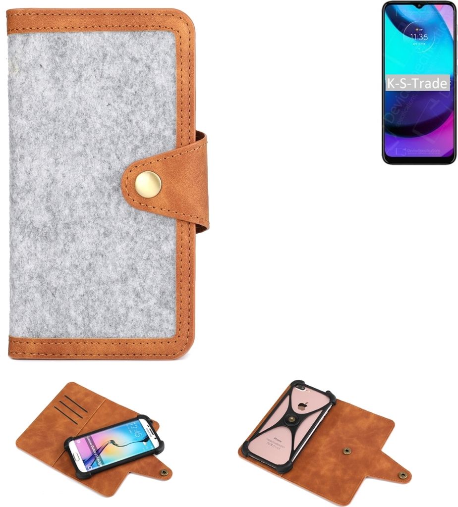 K-S-Trade Handyhülle kompatibel mit Motorola Moto E20 Schutzhülle Filz-Hülle Kunst-Leder hellgrau braun (1x)